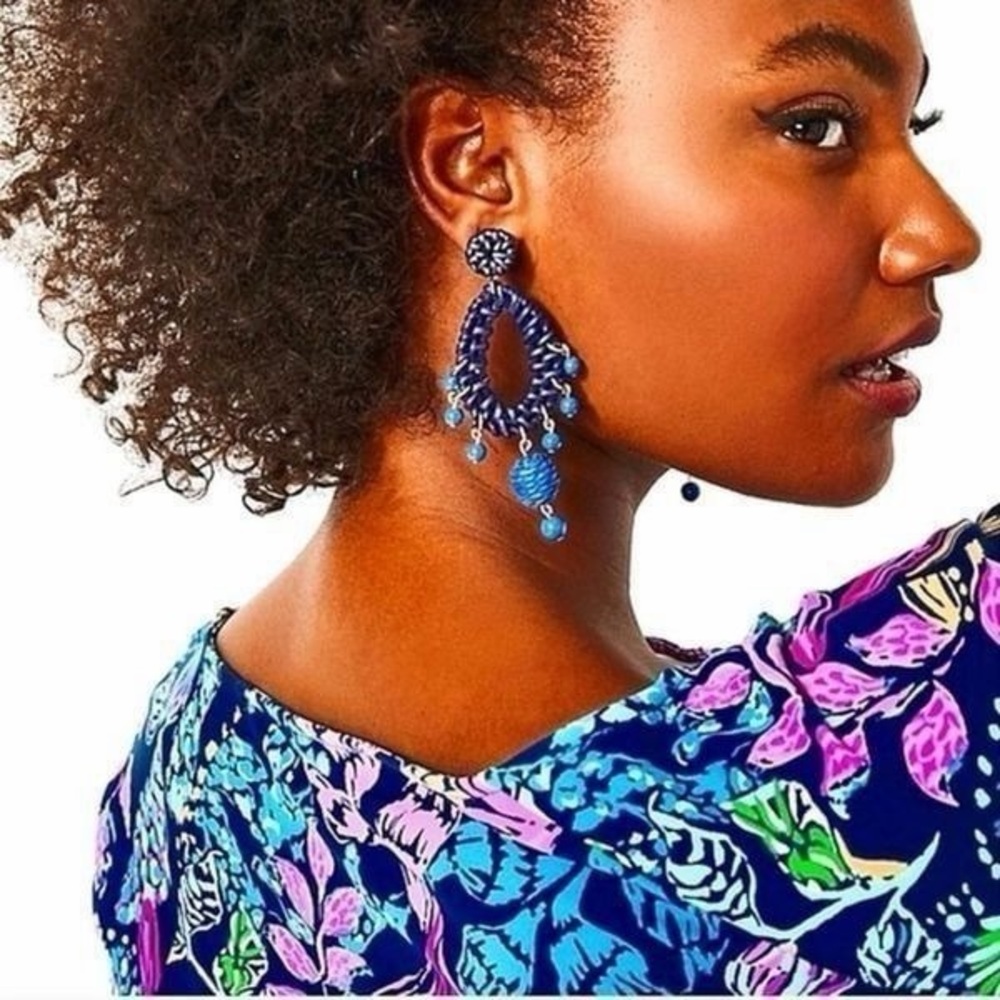 NEW Lilly Pulitzer Beaded Raffia Drop Earrings Alba Blue - Picture 2 of 5